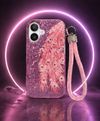 Luxury Pink Glitter Feather Wrist Strap Shockproof Phone Case for iPhone 17