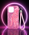 Luxury Pink Glitter Feather Wrist Strap Shockproof Phone Case for iPhone 16 Pro Max