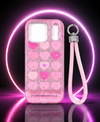 iPhone 17 Pro Pink Glitter Heart Wrist Strap Shockproof Protective Case Cover