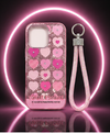 iPhone 15 Pro Max Pink Glitter Heart Wrist Strap Protective Case Cover