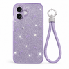 Lavender glitter bow phone case with wrist strap installed on iPhone 17, rear camera view