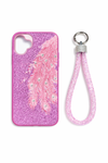 Pink glitter feather wrist strap case for iPhone 17, exact empty case view
