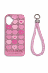 Pink glitter heart wrist strap case for iPhone 17, exact empty case view