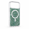 Angled green glitter MagSafe case for iPhone 17 Pro showing model-specific camera plateau opening