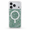 Green glitter MagSafe case fitted to iPhone 17 Pro with correct camera plateau