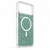 Angled green glitter MagSafe case for iPhone 17 Pro Max showing model-specific camera plateau opening
