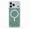 Green glitter MagSafe case fitted to iPhone 17 Pro Max with correct camera plateau