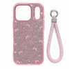 iPhone 17 Pro pink glitter bow case with wrist strap and model-specific two-part camera opening