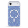 Blue glitter clear magnetic charging compatible case installed on iPhone Air, rear camera view