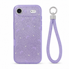 Lavender glitter bow phone case with wrist strap installed on iPhone Air, rear camera view