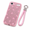 Pink glitter bow phone case with wrist strap installed on iPhone Air, rear camera view